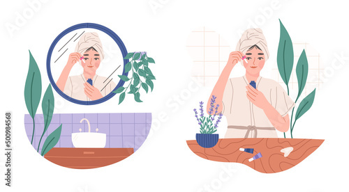 Young woman applying beauty products in front of the mirror, flat vector illustration isolated on white background. Self care and skin care concept. Spa and wellness. Vegan and cruelty free cosmetics.