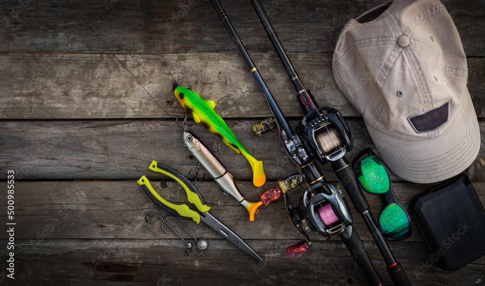 Fishing tackle background. Tools for big fish.