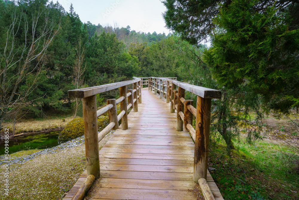 Wooden bridge that crosses the river from the juniper forest of Soria, Spain.