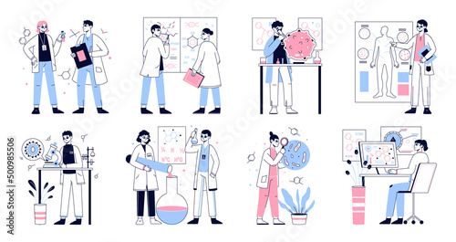 Biology science laboratory, medical development, biotechnology lab sciences. Scientist researching work, chemical scientific experiment vector symbols illustration set. Science lab scenes