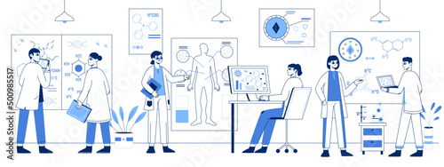 Chemical lab development, science researchers team, laboratory workers group. Medical lab experiment vector symbols illustration. Pharmaceutical scientist research