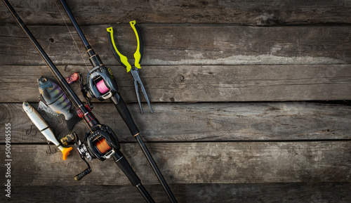 Fishing tackle background. Tools for big fish.