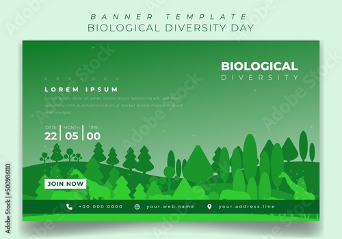 Banner template design with green landscape background for world biological diversity day