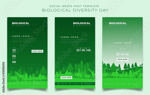 Set of portrait social media post template with green landscape background for biodiversity day