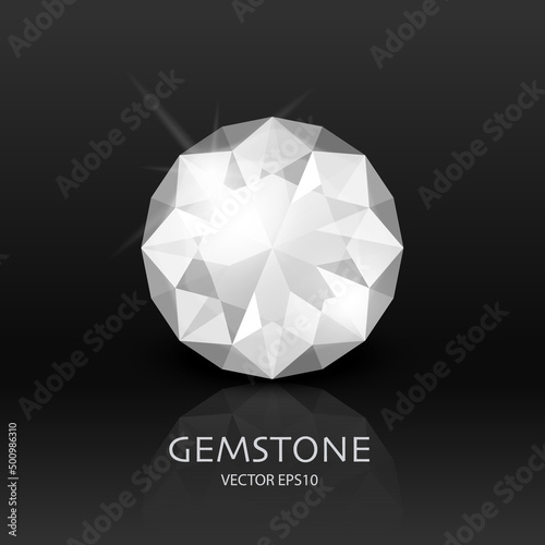 Vector Banner with 3d Realistic White Transparent Gemstone, Diamond, Crystal, Rhinestones Closeup on Black. Jewerly Concept. Design Template, Clipart