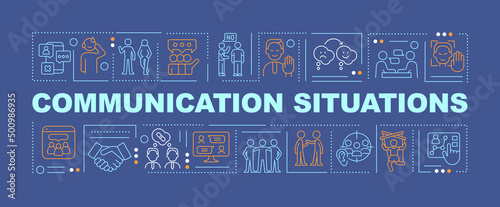 Participation in communication word concepts dark blue banner. Negotiations. Infographics with icons on color background. Isolated typography. Vector illustration with text. Arial-Black font used