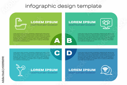 Set line Cocktail, Bathtub, Wi-Fi wireless internet and Stars rating. Business infographic template. Vector
