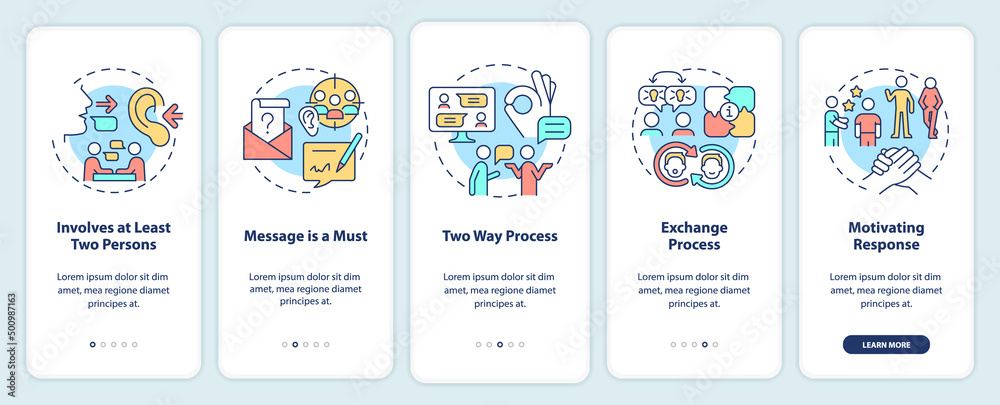 Features of communication onboarding mobile app screen. Message is must walkthrough 5 steps graphic instructions pages with linear concepts. UI, UX, GUI template. Myriad Pro-Bold, Regular fonts used