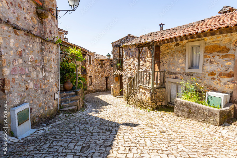 a cobbled street with traditional houses at Casal de São Simão Schist village (Aguda), Figueiró dos Vinhos, district of Leiria, Beira Litoral, Portugal