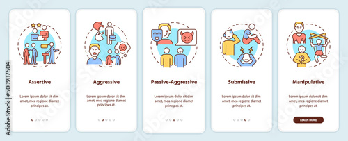 Communication styles onboarding mobile app screen. Assertive, aggressive walkthrough 5 steps graphic instructions pages with linear concepts. UI, UX, GUI template. Myriad Pro-Bold, Regular fonts used