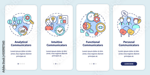 Business communication styles onboarding mobile app screen. Communicators walkthrough 4 steps graphic instructions pages with linear concepts. UI, UX, GUI template. Myriad Pro-Bold, Regular fonts used