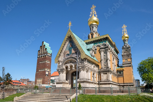 Scenic view of russian chapel and weddingtower at Mathildenhoehe, Darmstadt photo
