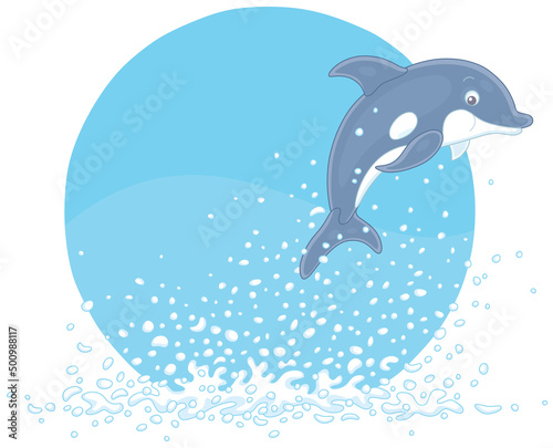 Merry playful little dolphin in splashes jumping out of water in a tropical sea, vector cartoon illustration isolated on a white background