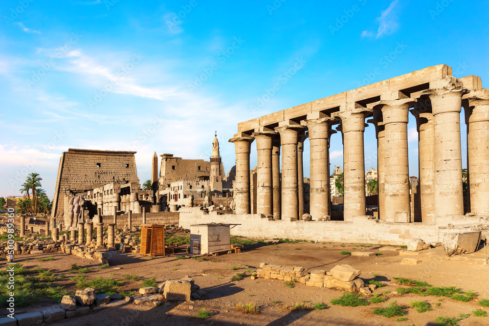 Famous Pylon of Luxor Temple, view of the pillars and statues, Egypt