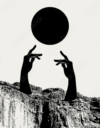 Vector hand drawn illustration of landscape with huge hands. Creative artwork. Template for card, poster, banner, print for t-shirt, pin, badge, patch.