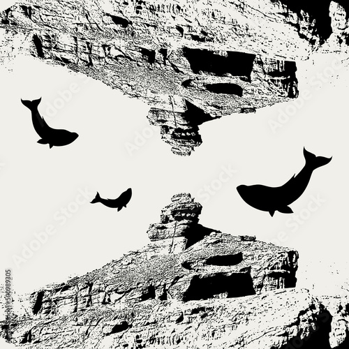 Vector hand drawn illustration of landscape with whales. Creative artwork. Template for card, poster, banner, print for t-shirt, pin, badge, patch.
