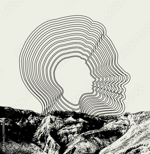 Vector hand drawn illustration of landscape with human profile. Creative artwork. Template for card, poster, banner, print for t-shirt, pin, badge, patch.