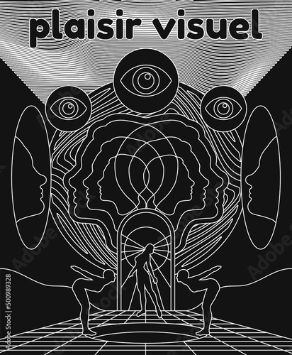 Vector hand drawn minimalistic illustration with girls, human profiles, eyes . Creative artwork. Template for card, poster, banner, print for t-shirt, pin, badge, patch.