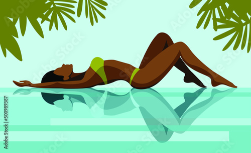 vector trendy illustration on the theme of summer holidays. a dark-skinned slender girl in a green bikini is resting on the beach near the pool. her reflection in the blue water. elements isolated.