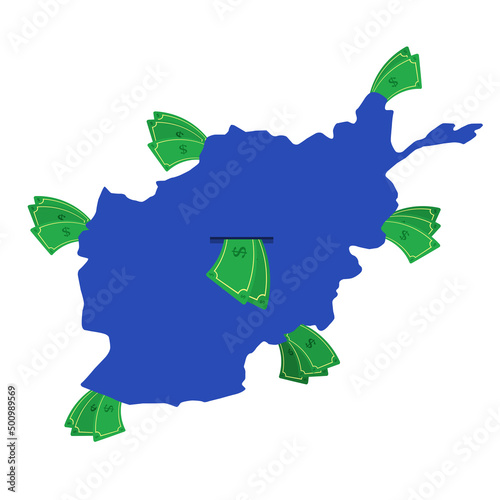 Afghanistan map in blue with money bills around. Money leaving the center of the country. Economy of Afghan country. White background. Isolated.