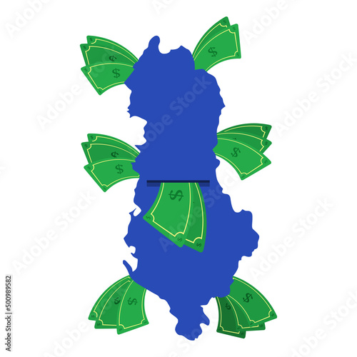 Albania map in blue with money bills around. Money leaving the center of the country. Economy of Albanian country. White background. Isolated.