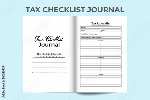 Tax information log book KDP interior. Employee government tax information and expense tracker template. KDP interior journal. Tax checklist notebook and income statement journal interior.