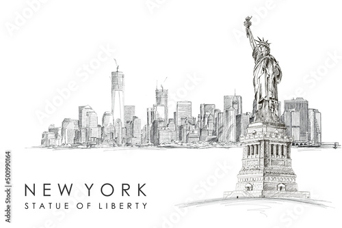 statue of liberty NEW YORK HAND DRAWING SKETCH PANORAMA POSTER LEAFLET