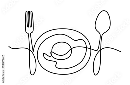 Drawing a continuous line.  fried egg on a plate and cutlery