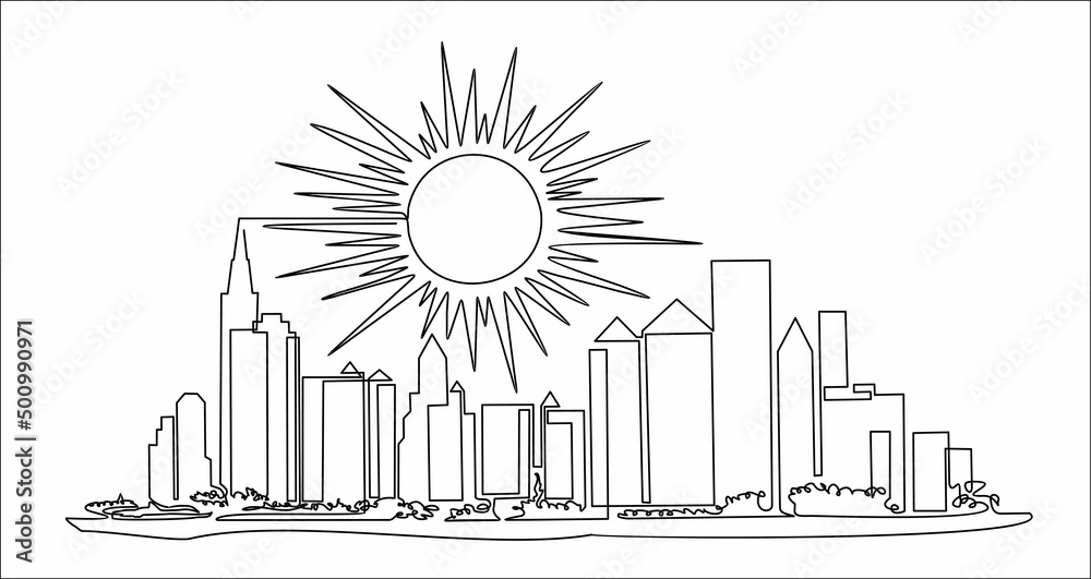 Obraz premium Modern cityscape continuous one line vector drawing. Panoramic landscape of metropolis architecture. Skyscrapers and sun, hand drawn silhouette.