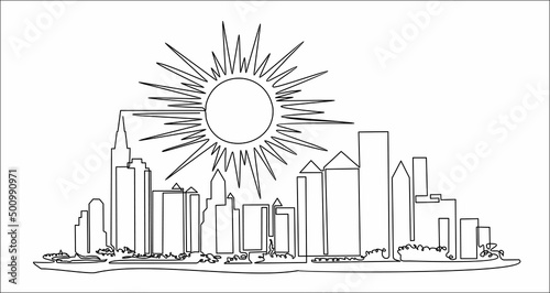 Modern cityscape continuous one line vector drawing. Panoramic landscape of metropolis architecture. Skyscrapers and sun, hand drawn silhouette.