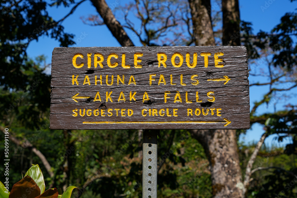 Obraz premium Wooden directions sign at the trailhead of the circle route of Akaka Falls State Park on the Big Island of Hawaii, United States