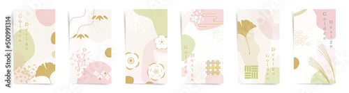 Summer japanese promo stories template design set. Traditional asian design for stories and promo posts. Golden ginkgo leaf, abstract geometric shapes, and oriental flowers in pink, green colors set.