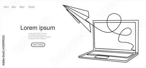 one line drawing of laptop computer with paper plane as business concept of startup