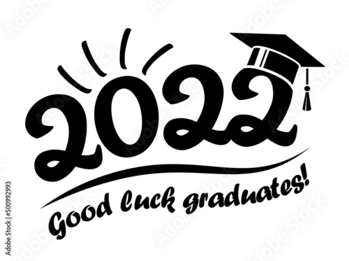 Good luck graduates! Class of 2020 with Graduation Cap and rising Sun. Flat simple vector design on transparent background. 