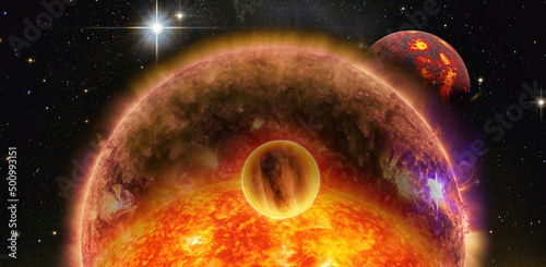 Alien planetary system with sun in outer space, sci fi abstract background. Elements of this image furnished by NASA. 
