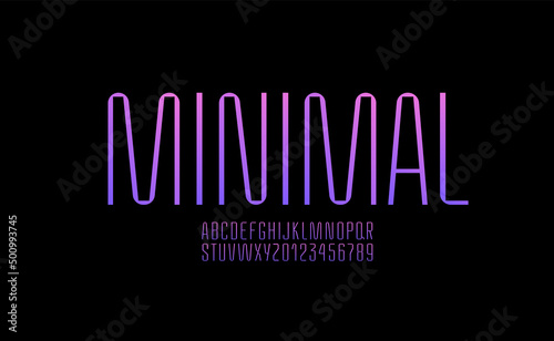 Condensed thin font, narrow strict alphabet, modern letters and numbers