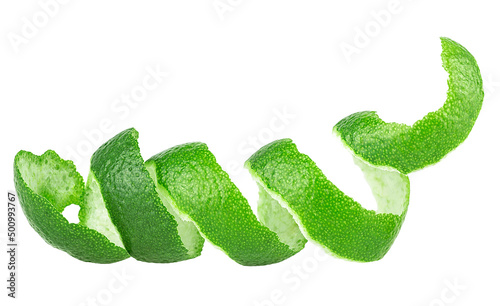 Front view of lime fruit peel isolated on a white background. Lime zest.