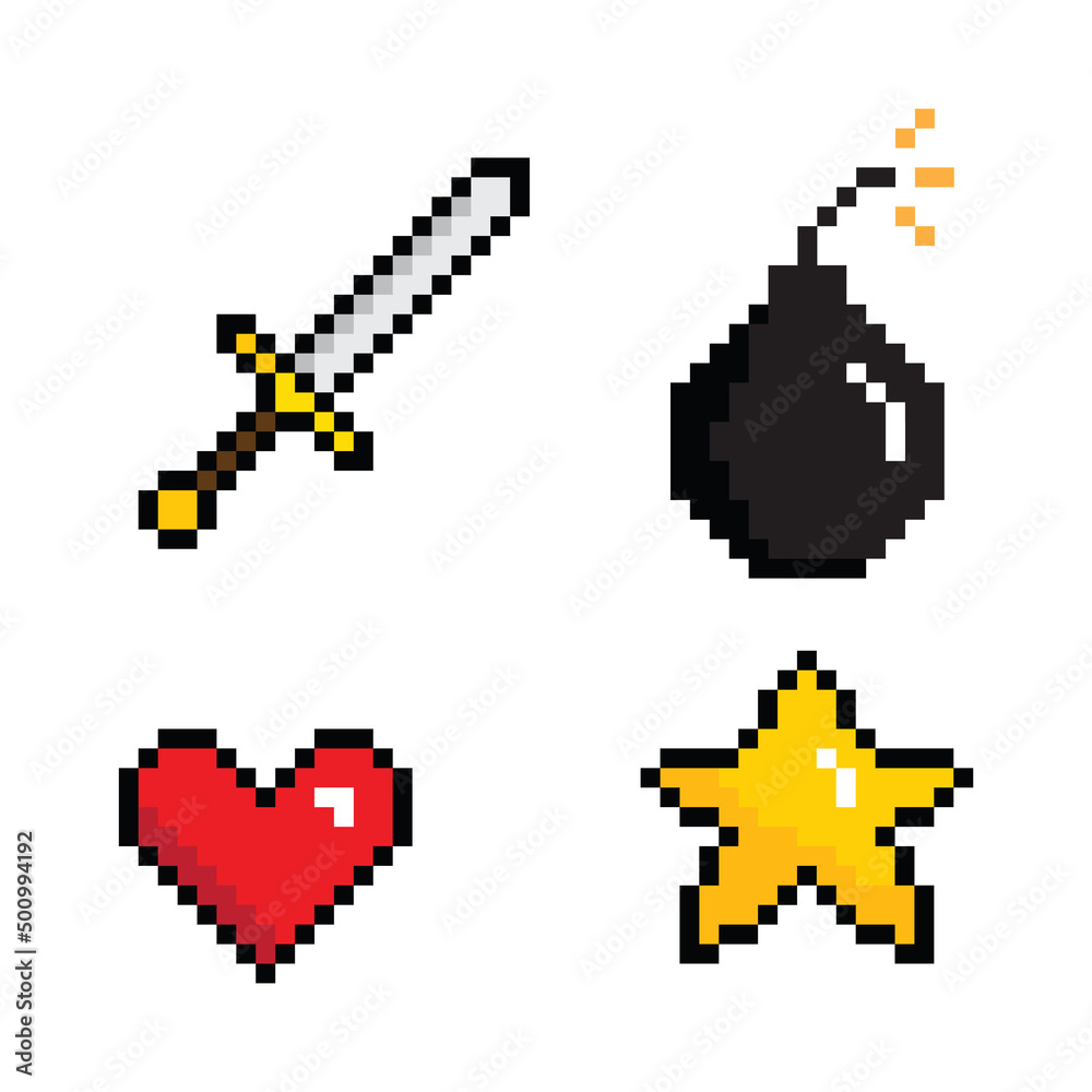 Fototapeta premium pixel sword, bomb, star, heart icon vector pixel art for 8 bit game