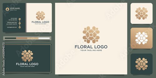 floral logo design template. circular flower abstract concept with gold color and business card.