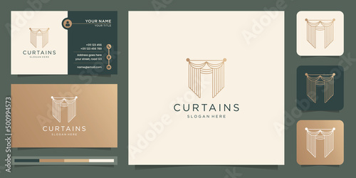 minimalist curtain logo template. gold color, blind curtain and business card inspiration.