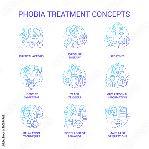 Phobia treatment blue gradient concept icons set. Therapy techniques. Anxiety disorder idea thin line color illustrations. Isolated symbols. Roboto-Medium, Myriad Pro-Bold fonts used