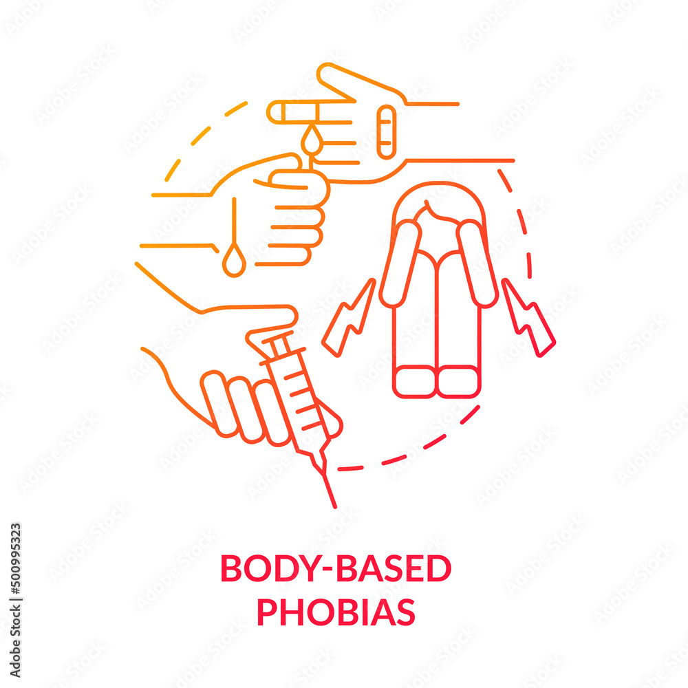 Body based phobias red gradient concept icon. Anxiety disorder. Fear of blood. Specific phobias abstract idea thin line illustration. Isolated outline drawing. Myriad Pro-Bold font used Body based phobias red gradient concept icon. Anxiety disorder. Fear of blood. Specific phobias abstract idea thin line illustration. Isolated outline drawing. Myriad Pro-Bold font used
