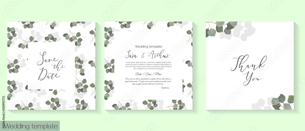 Vector herbal wedding invitation template. Eucalyptus, green plants and leaves, round frame. 