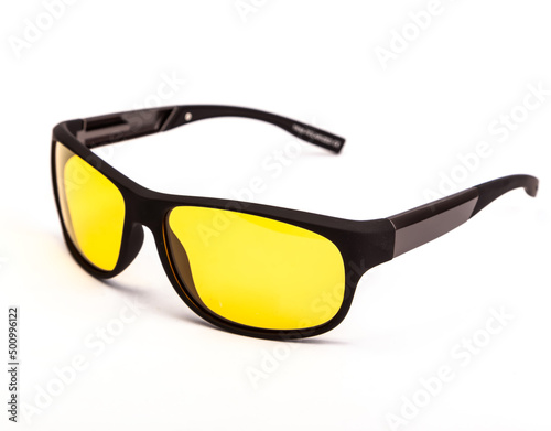 Yellow lens sunglasses isolated on white background