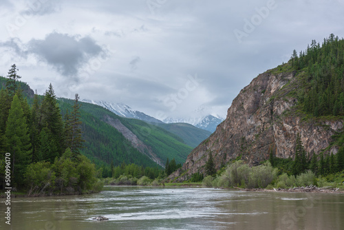 Atmospheric overcast landscape with wide mountain river and coniferous trees against snowy mountains in rainy low clouds. Gloomy scenery with large river and forest mountains under low gray cloudy sky