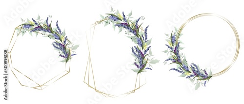 Vector floral set. Different polygonal and round frames, lavender flowers.