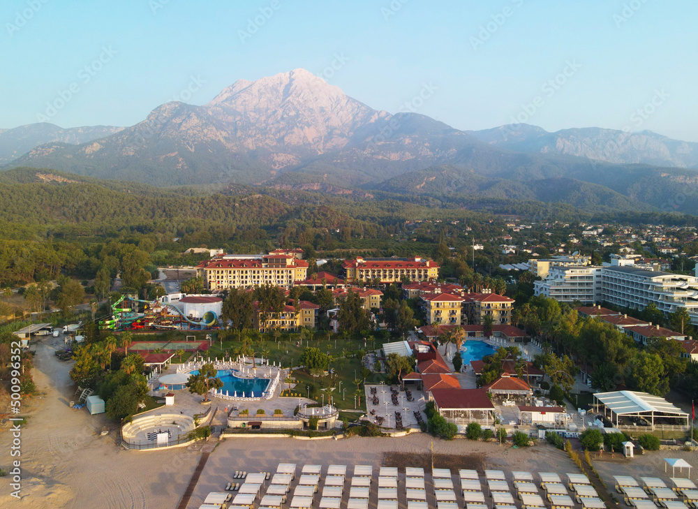 Turkish hotel on the mediterranean sea from a bird's eye view