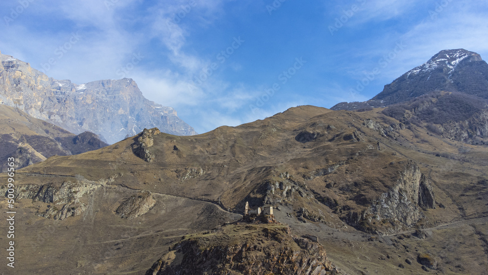 View of the ruined castle in the mountains of the Caucasus