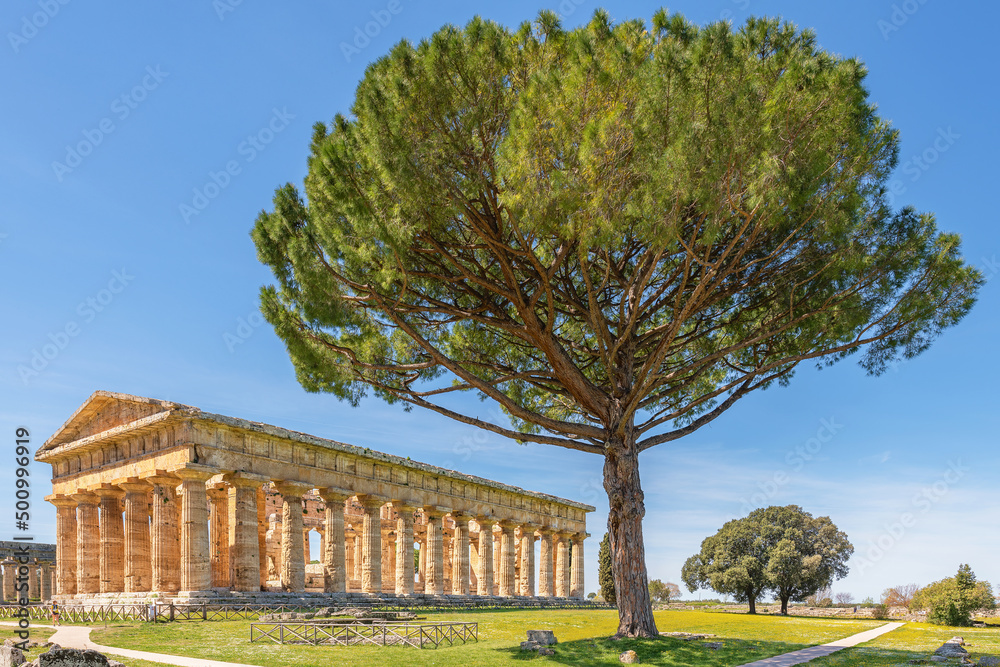 Paestum, Italy; April 18, 2022 - The Temple of Hera at Paestum, which contains some of the most well-preserved ancient Greek temples in the world.