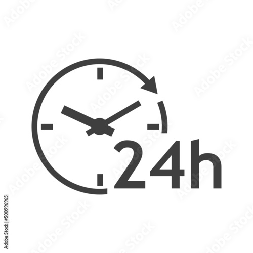 Logo con texto 24 h con silueta de esfera de reloj simple con líneas con forma de flecha en círculo en color gris